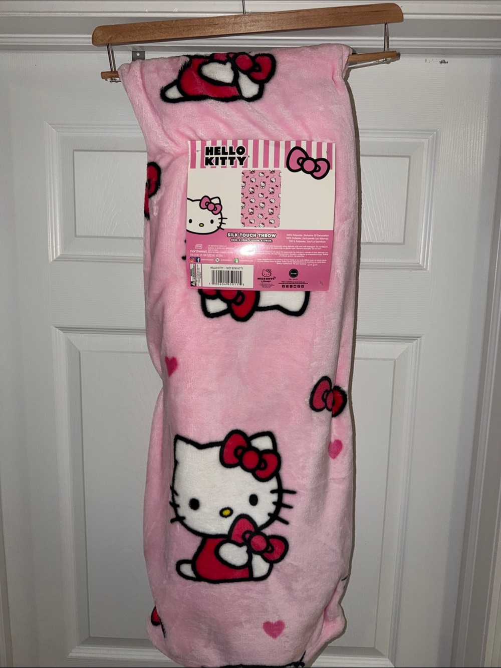 Hello Kitty Pink Throw Blanket with Red Bow Accents
